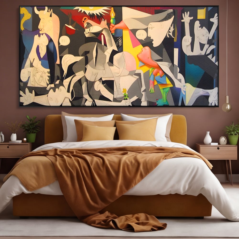 Tablou canvas cu tablou canvas cu reinterpretare dupa guernica, in rama de aluminiu negru, pe perete intr-un dormitor